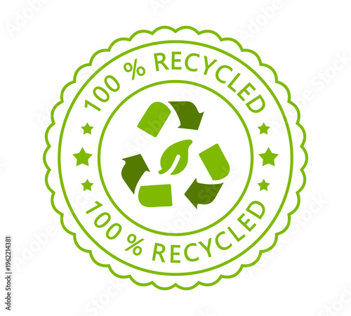 100% Recycled Green Seal Badge – Eco Circular Recycling Label with Leaf Symbol