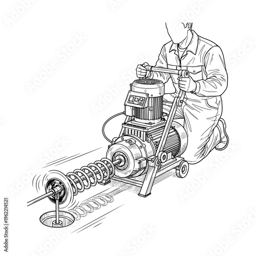 Technician operating portable gasoline engine-powered drill press machine in workshop setting