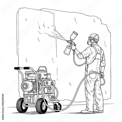 Professional painter spray coating large wall with industrial spray gun and airless paint sprayer machine