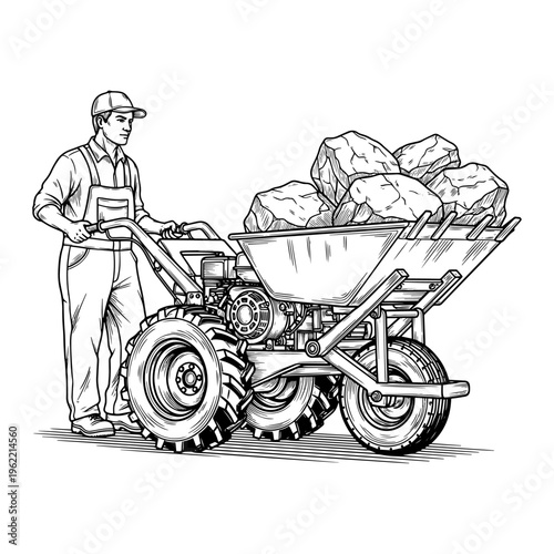 Vintage-style illustration of construction worker operating a wheelbarrow with heavy rocks, industrial labor scene