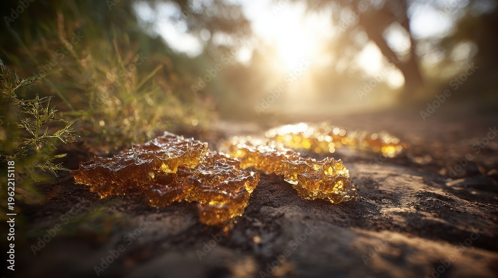 Fototapeta premium Golden Honey Fluid Spreading Slowly on Textured Ground Illuminated by Warm Sunlight
