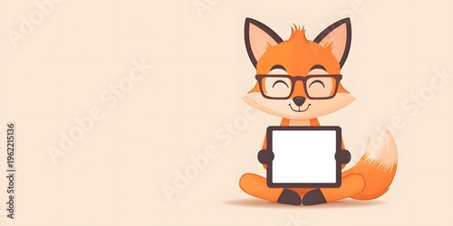 Cute Cartoon Fox Character with Tablet on Beige Background