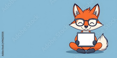 Cute cartoon fox with glasses holding a blank tablet on blue background
