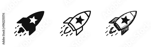 Rocket Launch Star Icon Set. Startup Success and Business Growth Symbol in Solid, Outline, and Hand-Drawn Styles.