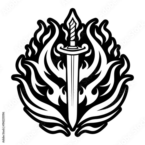 A glyph style icon of flaming sword tattoo
