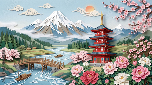 A serene landscape featuring a red pagoda, snow-capped mountains, a flowing river, and blooming peonies and cherry blossoms in a traditional paper cut ... See More

