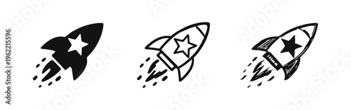 Startup Rocket with Star Icon Set. Business Launch and Fast Progress Symbol in Solid, Line, and Doodle Styles.