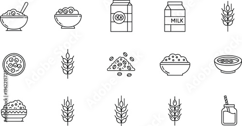 Breakfast Cereal with Milk and Wheat Icon Set for Food and Beverage Design