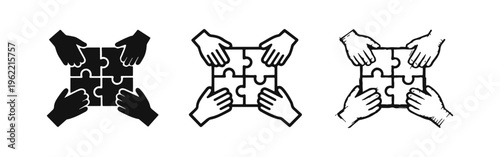 Teamwork Puzzle Solution Icon Set. Hands Connecting Jigsaw Pieces Symbol in Solid, Outline, and Hand-Drawn Styles.