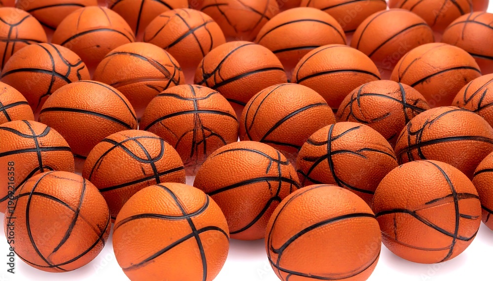 Obraz premium Close-up arrangement of numerous spherical sporting goods, each with black lines depicting the seams. Uniform color