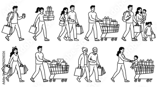 People shopping and carrying bags in black and white illustration set.