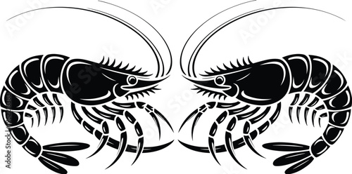 Black shrimp silhouettes pair, detailed vector illustration of crustaceans facing each other, seafood animal design isolated on white background for logo, icon, packaging, and branding
