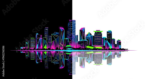 Vibrant city skyline with colorful reflection.