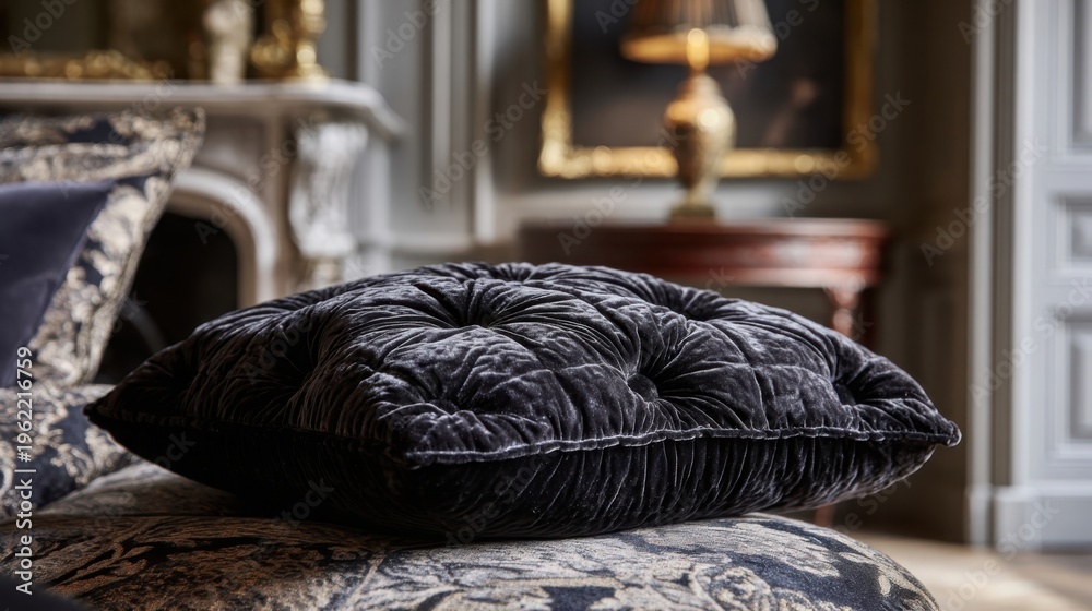 Obraz premium Deep Button Tufted Black Velvet Cushion Enhancing Luxurious Home Interior With Ornate Details