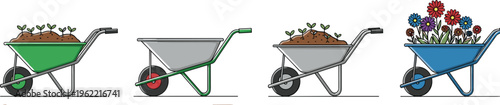 Collection of Gardening Wheelbarrows with Soil, Plants, and Flowers for Nature, Garden, and Eco-Friendly Designs