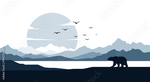 Majestic bear silhouette walking along the tranquil lake shore.