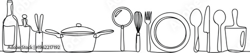 Cooking Utensils Continuous Line Drawing Horizontal Illustration Culinary Kitchen Tools Minimal Single Line Vector Design Element