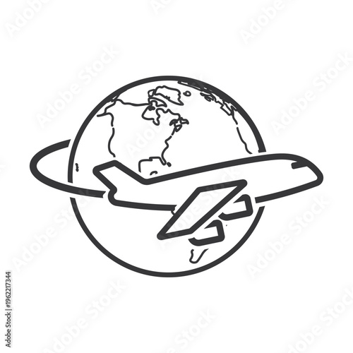 Isolated outline pictogram of airplane flying around globe representing travel, tourism, global aviation, international journey, and worldwide transportation connection