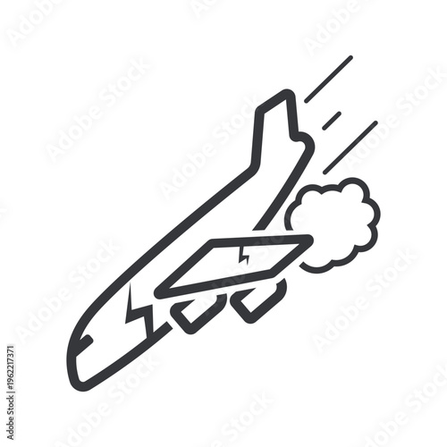 Isolated monochrome pictogram of airplane crashing downward with damaged wing and engine smoke representing aviation accident, failure, and emergency situation warning