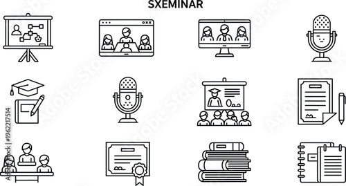 Set of Online Seminar and Education Icons Including Microphone, Graduation, Video Conference, and Learning Tools for Virtual Classes and Training