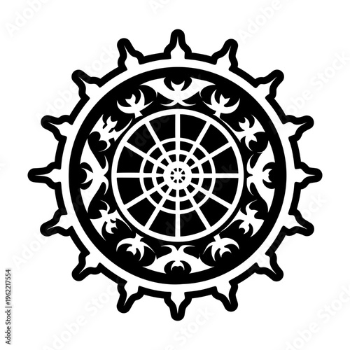Solid style icon depicting dharma wheel