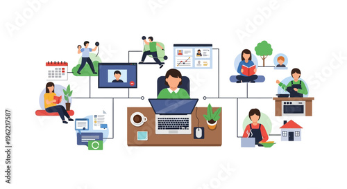 Remote Work-Life Balance: Professional Juggling Digital Tasks, Meetings, Learning, Fitness, and Home Life