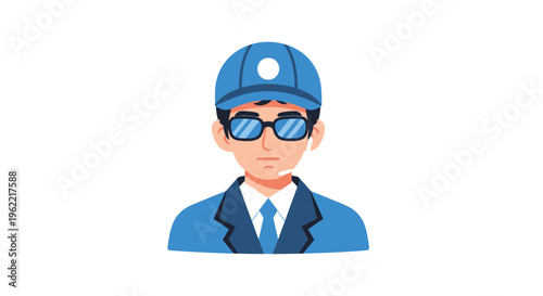 Professional Security Guard Avatar with Earpiece, Cap, and Sunglasses - Flat Vector Illustration of Protection and Event Staff