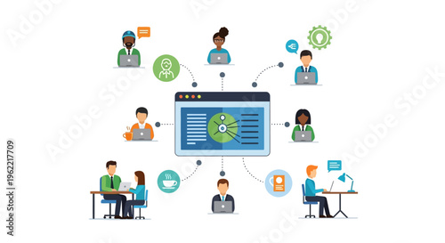 Diverse Remote Team Collaborating Online, Connected to a Central Project Management Dashboard. Global Telecommuting, Cloud-Based Teamwork, and Digital Communication Concept.