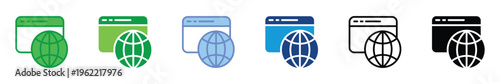 Web Browser Globe Icon Set in Multiple Styles and Colors – Flat, Line, Monochrome, Blue, Green Variations for Internet and Network UI Design