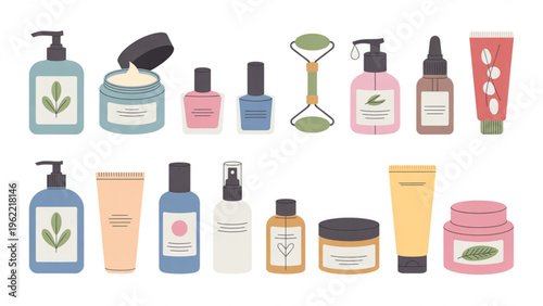 A collection of various skincare and cosmetic beauty products arranged in a flat vector illustration Vector