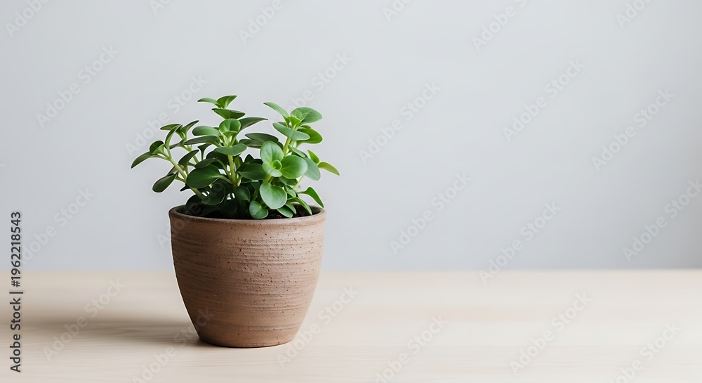 Fototapeta premium Small green plant in brown pot on wooden table interior