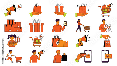 Shopping and discount themed icons in black and white illustration set.