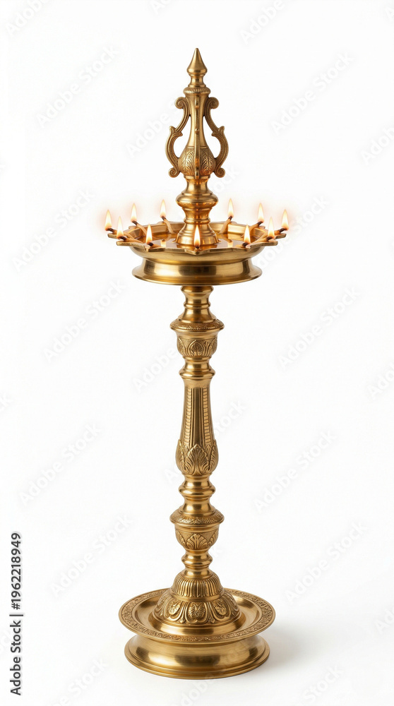 Obraz premium polished brass nilavilakku lamp with glowing flames traditional indian oil lamp isolated on white