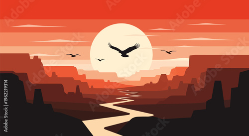 Majestic eagle soaring over a winding river at sunset.