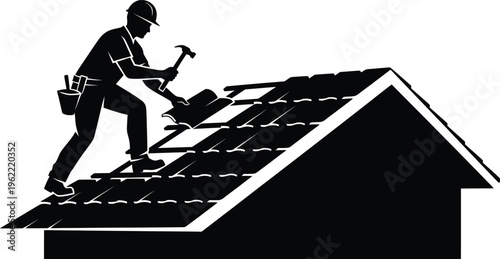 Vector roofer silhouette installing solar panels on house roof