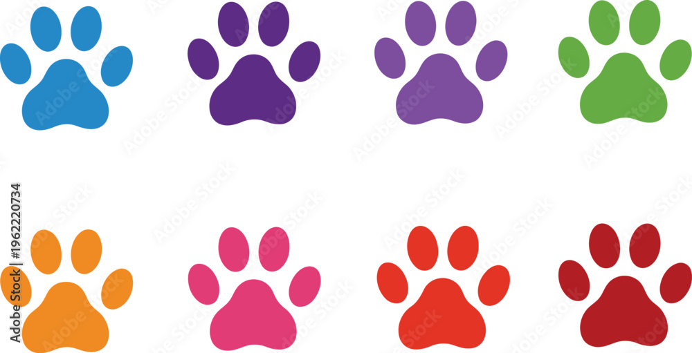 Fototapeta premium Colorful collection of stylized paw prints in a grid layout Vector