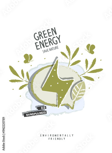 Vector carton sketch of  green energy sign. Environmentally friendly planet and green energy concept. Alternative and Renewable energy. Protect the World.
