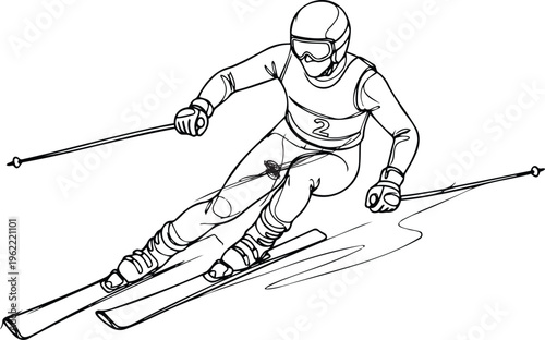 Alpine skier line art vector, downhill skiing athlete, winter sports coloring page