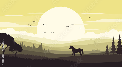 Majestic horse walking gracefully in a serene natural landscape.