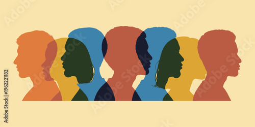 Diverse group of people silhouettes in profile with colorful overlay