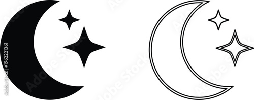 Contrast of filled and outlined crescent moons with stars Vector
