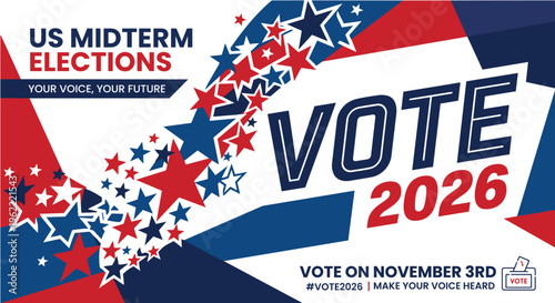 US Midterm Elections 2026 Vote Banner Split Red Blue Patriotic Design