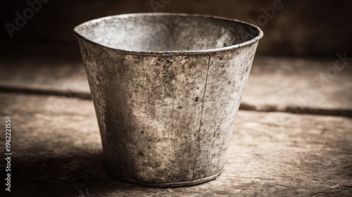 A slightly tarnished vintage metal bucket with a dull patina sits on a rustic wooden surface