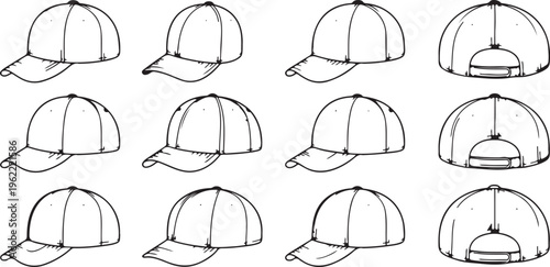 Set Of Baseball And Working Peaked Caps Isolated On White Background Mockup Collection Hat Headwear Vector Illustration