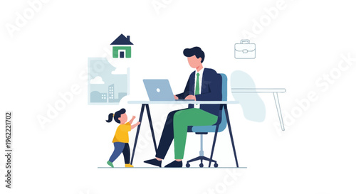 Father Working From Home with Child: Modern Remote Work-Life Balance Illustration