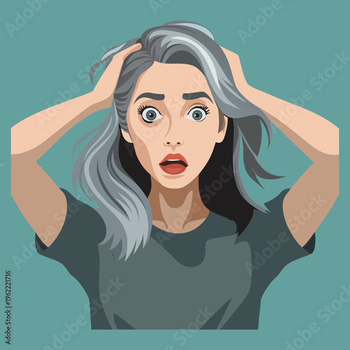 Vector art illustration of a young woman running her hands through her curly hair in surprise