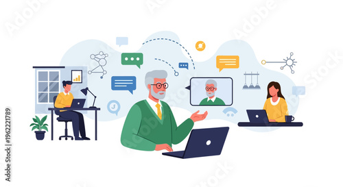 Virtual Team Meeting and Remote Work Collaboration. Online Conference Call for E-learning, Business Communication, and Digital Connectivity.