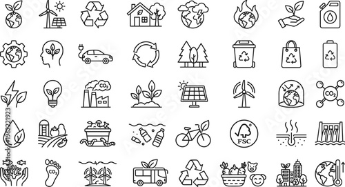 Environmental Sustainability Line Icon Set with Recycling, Renewable Energy, Eco Transport, Solar Power, Green Earth and Climate Protection Outline Vector Collection