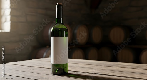 Wine bottle on wooden table indoors.