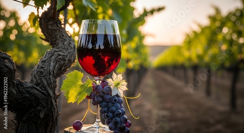 Wine glass in vineyard at sunset.